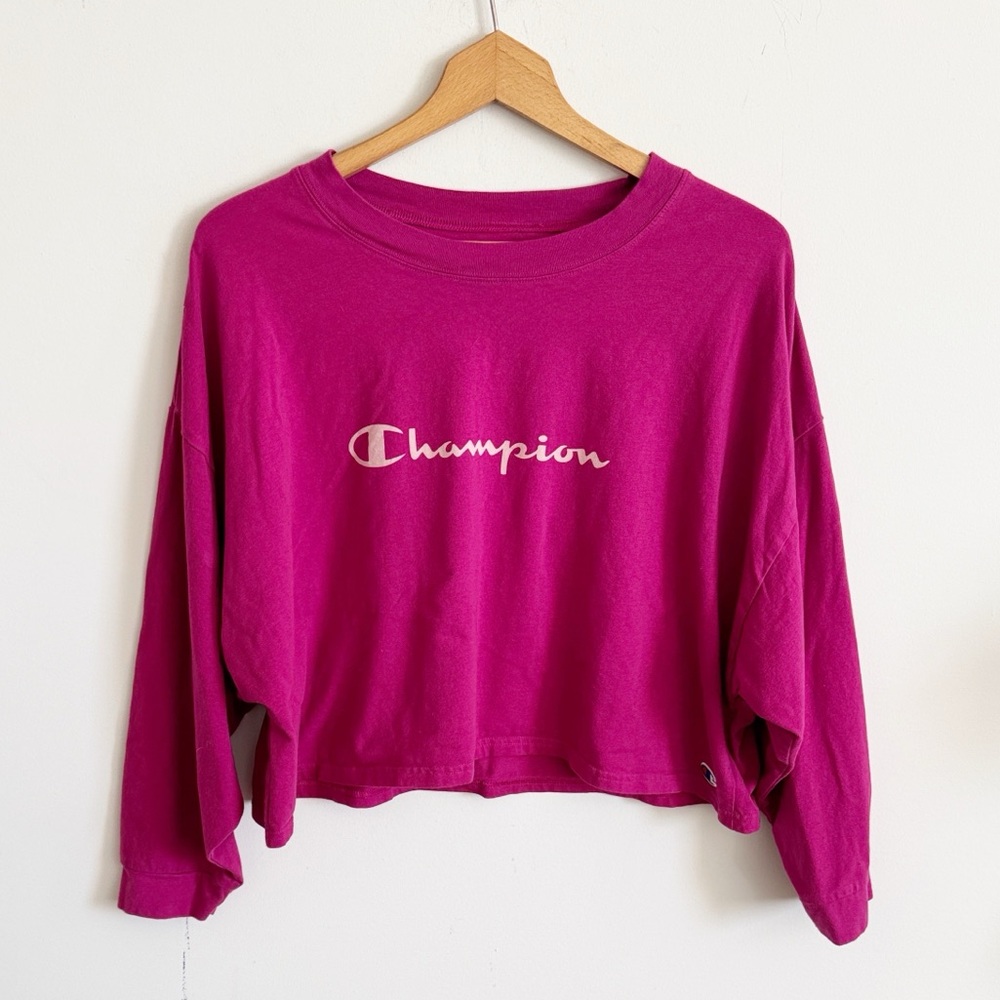 Champion pink long sleeve graphic oversized cropped tee top size Medium